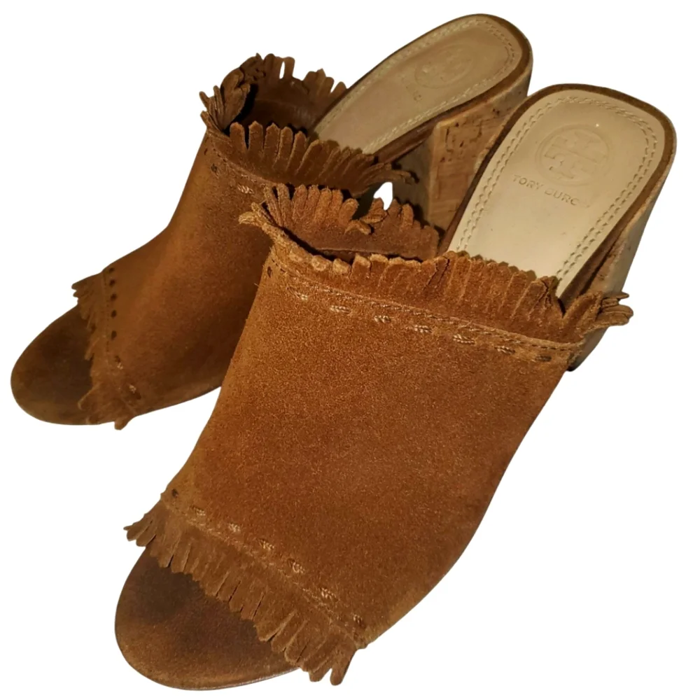 TORY BURCH Huntington Brown Suede Fringe Cork Block Heel Slide-on Sandal Size 9M